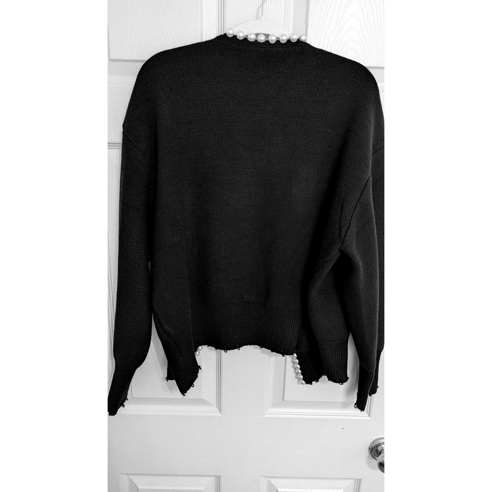 Commense Black Pearl Trim Distressed Ribbed Knit Cardigan Sweater Womens Large - Picture 2 of 5